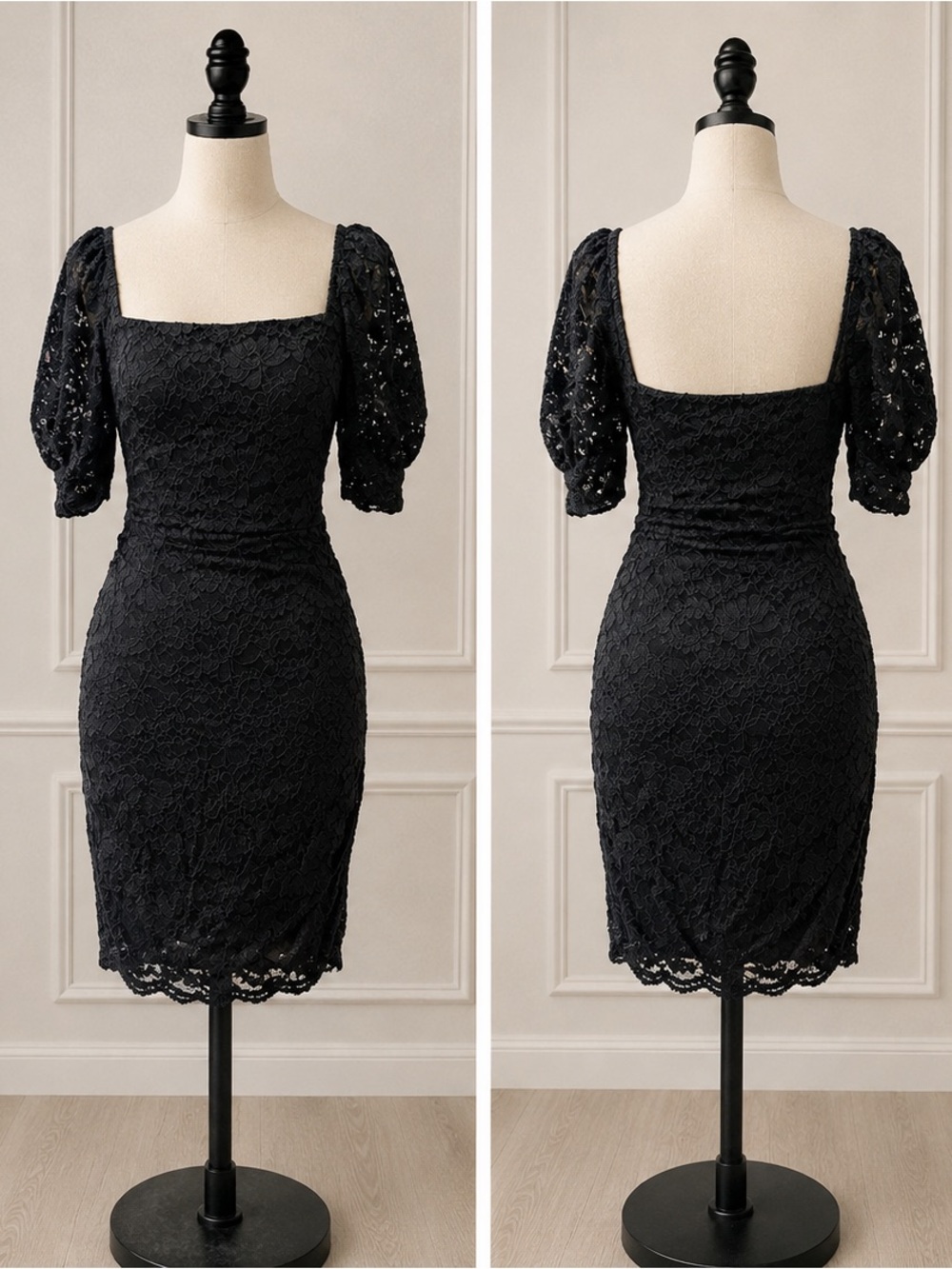 Black Lace Puff-Sleeve Women's Dress